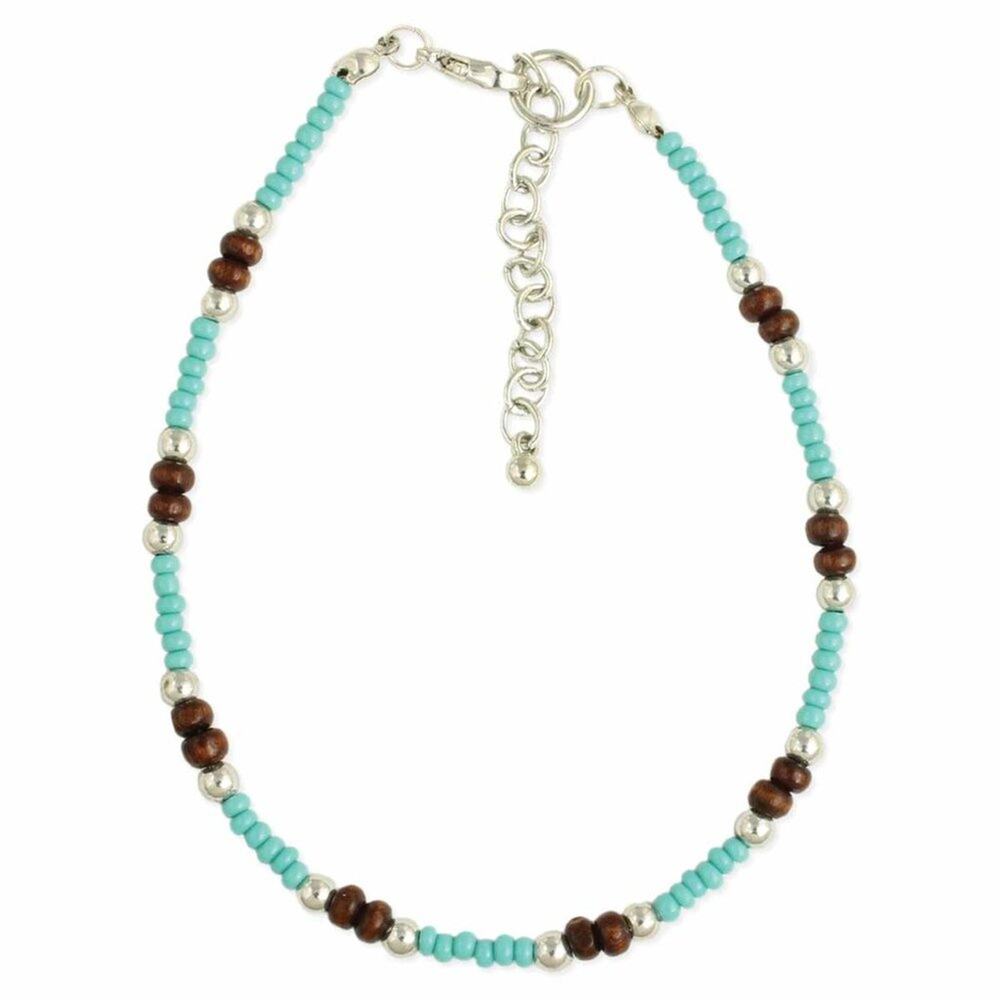 Wood Turquoise Silver Beaded Anklet